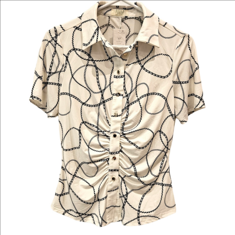 NWT PURE by Susy Shier Blouse Jersey Collared White/Black Women's S